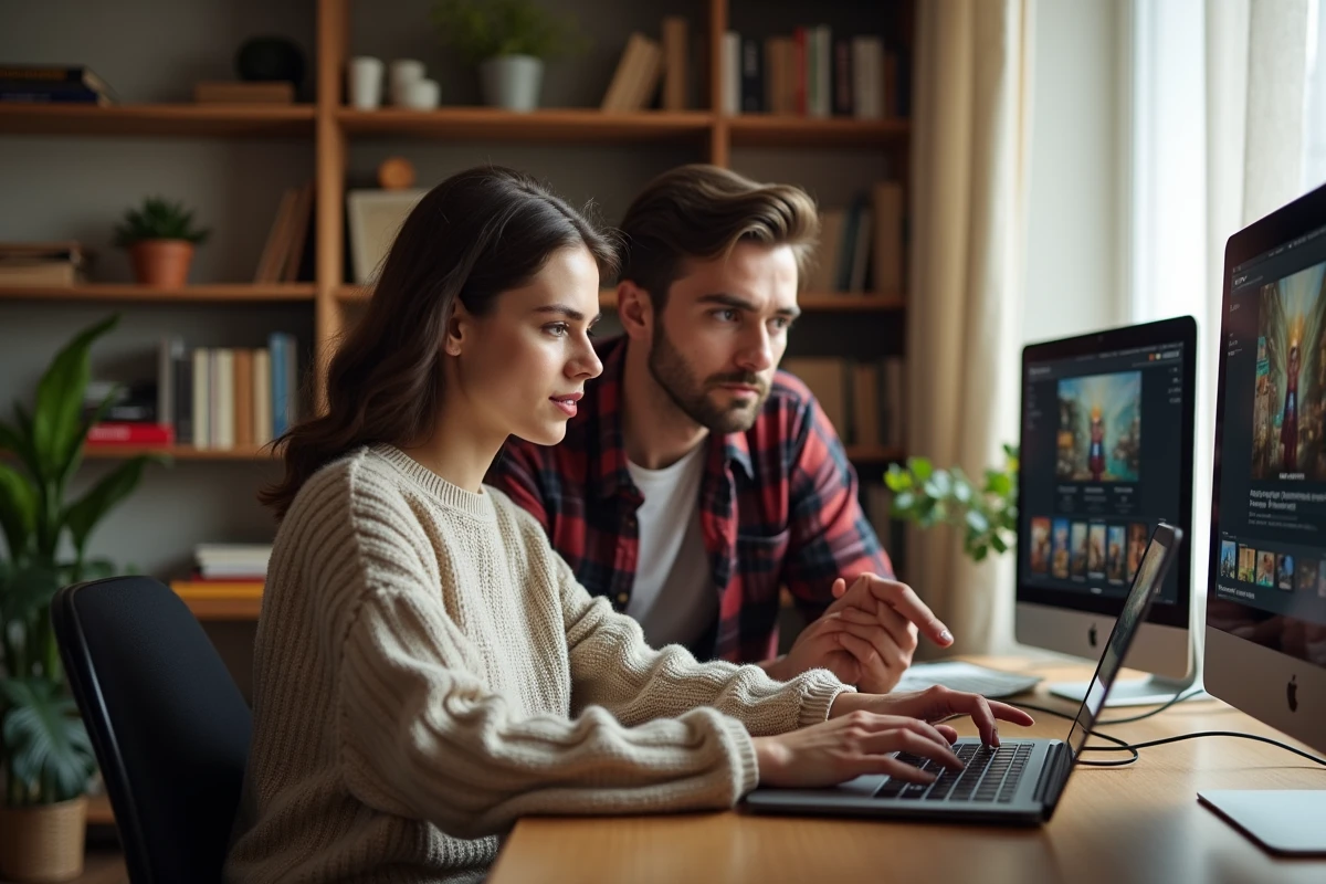 Couple consultant les paramètres de partage familial d'un abonnement Games Prime sur ordinateur portable