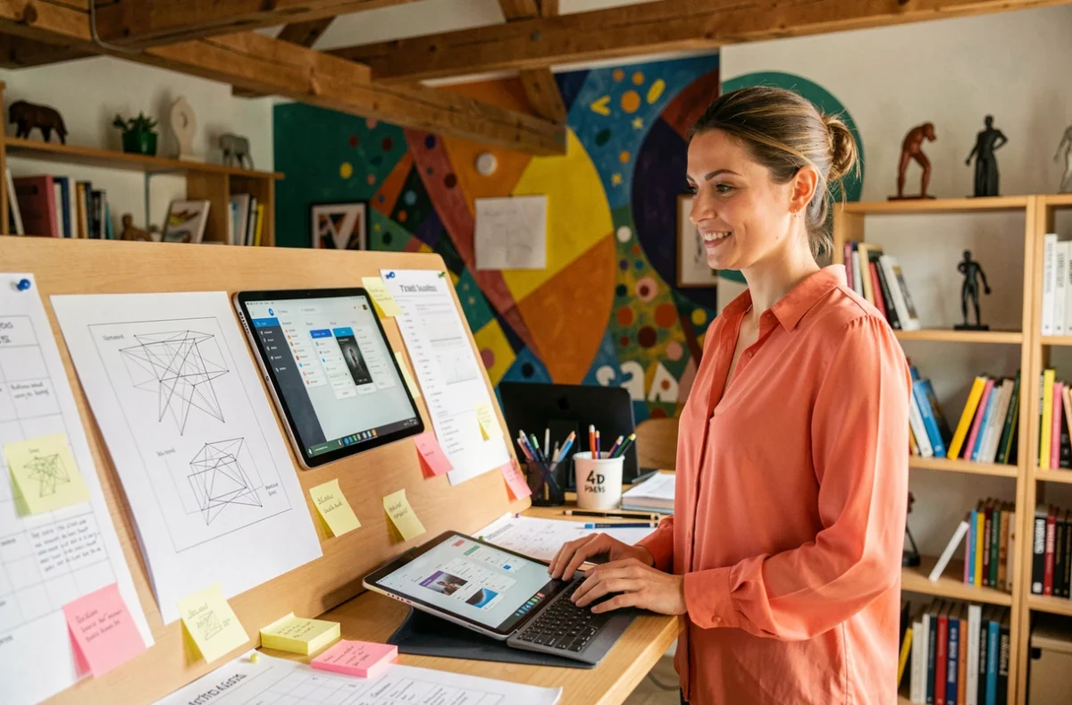 Designer UX féminine travaillant sur des prototypes d'interface numérique innovante entourée de maquettes et d'une ambiance créative dans les bureaux de Créative en Bretagne.