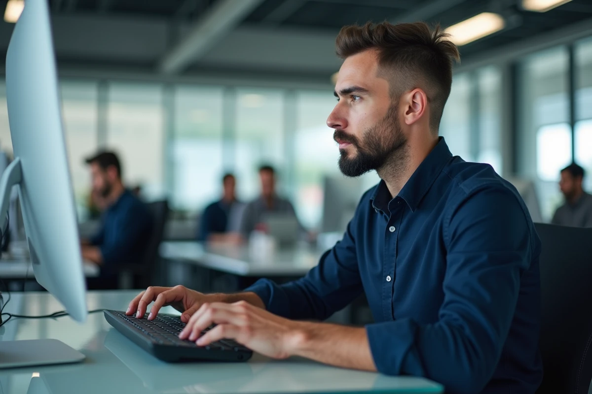 Homme tapant au clavier avec dix doigts dans un bureau professionnel en open space