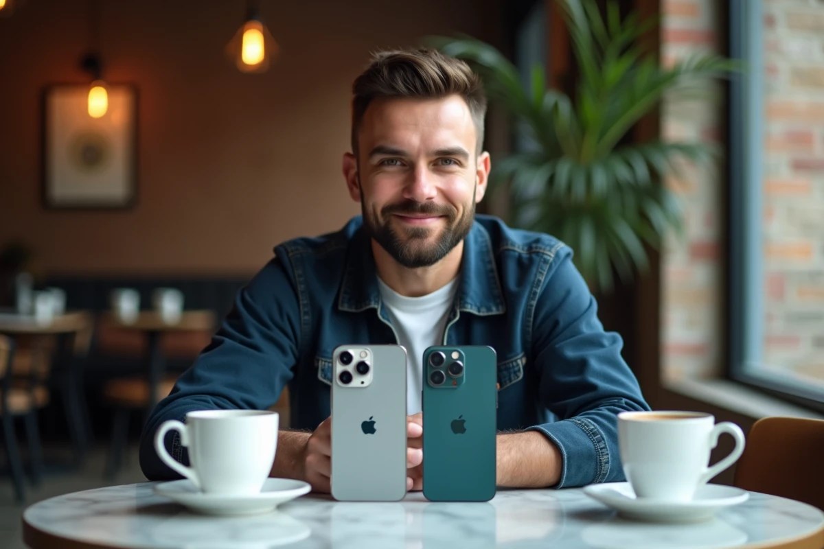 Deux iPhones posés sur une table de café comparant le design iPhone 16 et iPhone 15 Pro
