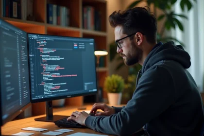 D&eacute;veloppeur web masculin analysant une erreur de formulaire HTML dans une console de navigateur sur un &eacute;cran d'ordinateur