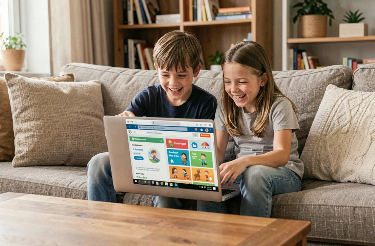 Deux enfants partageant un ordinateur portable avec un navigateur web éducatif sécurisé dans le salon