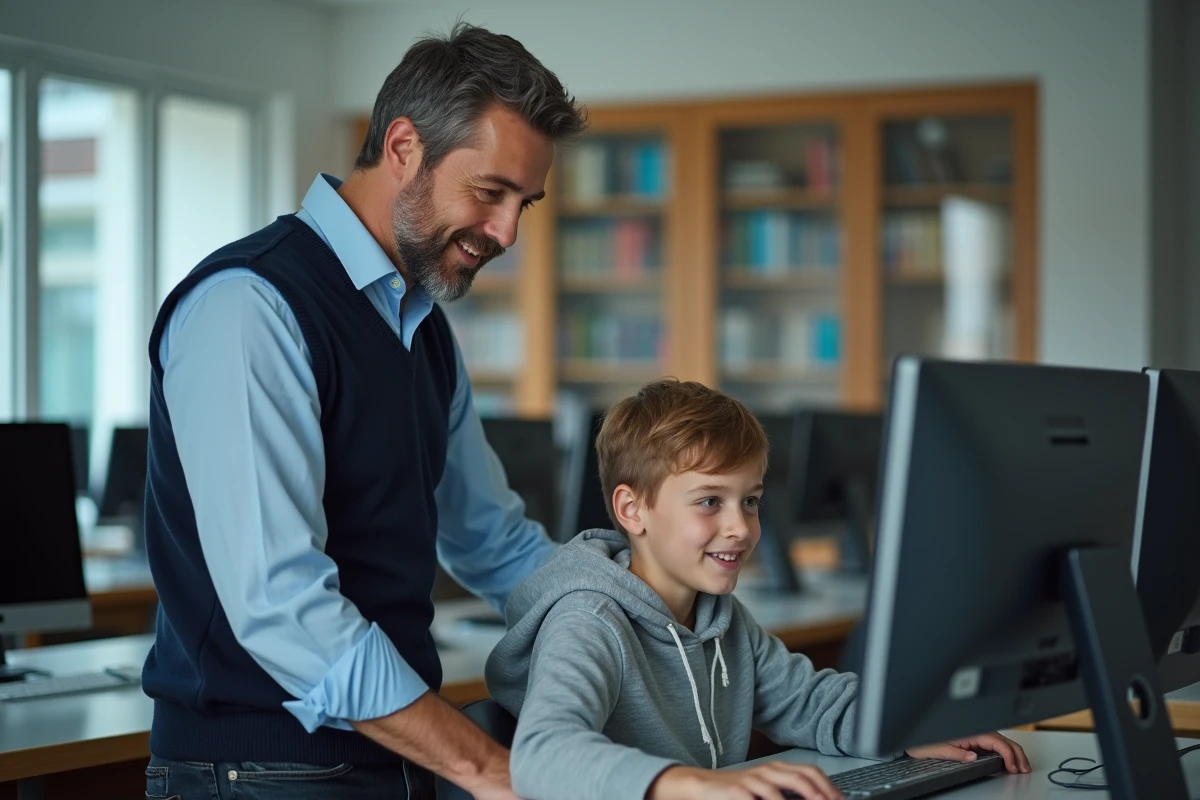 Enseignant aide un garçon sur plateforme d