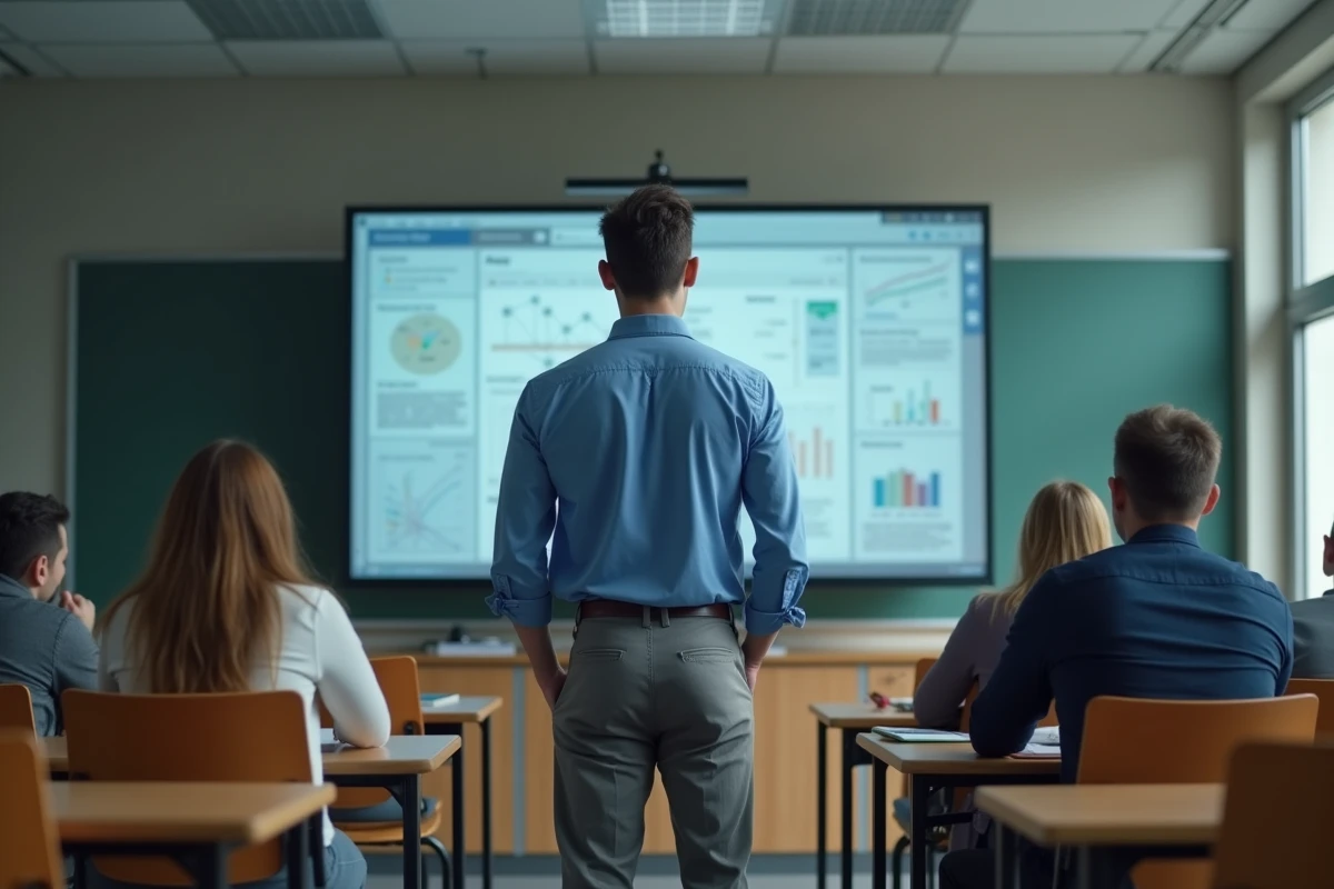 Jeune enseignant montrant logiciel &eacute;ducatif au tableau