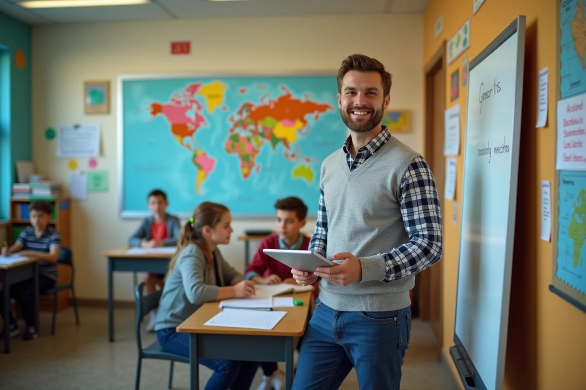 Enseignant montrant des fonctionnalit&eacute;s de webmail &agrave; un coll&egrave;gue dans une classe