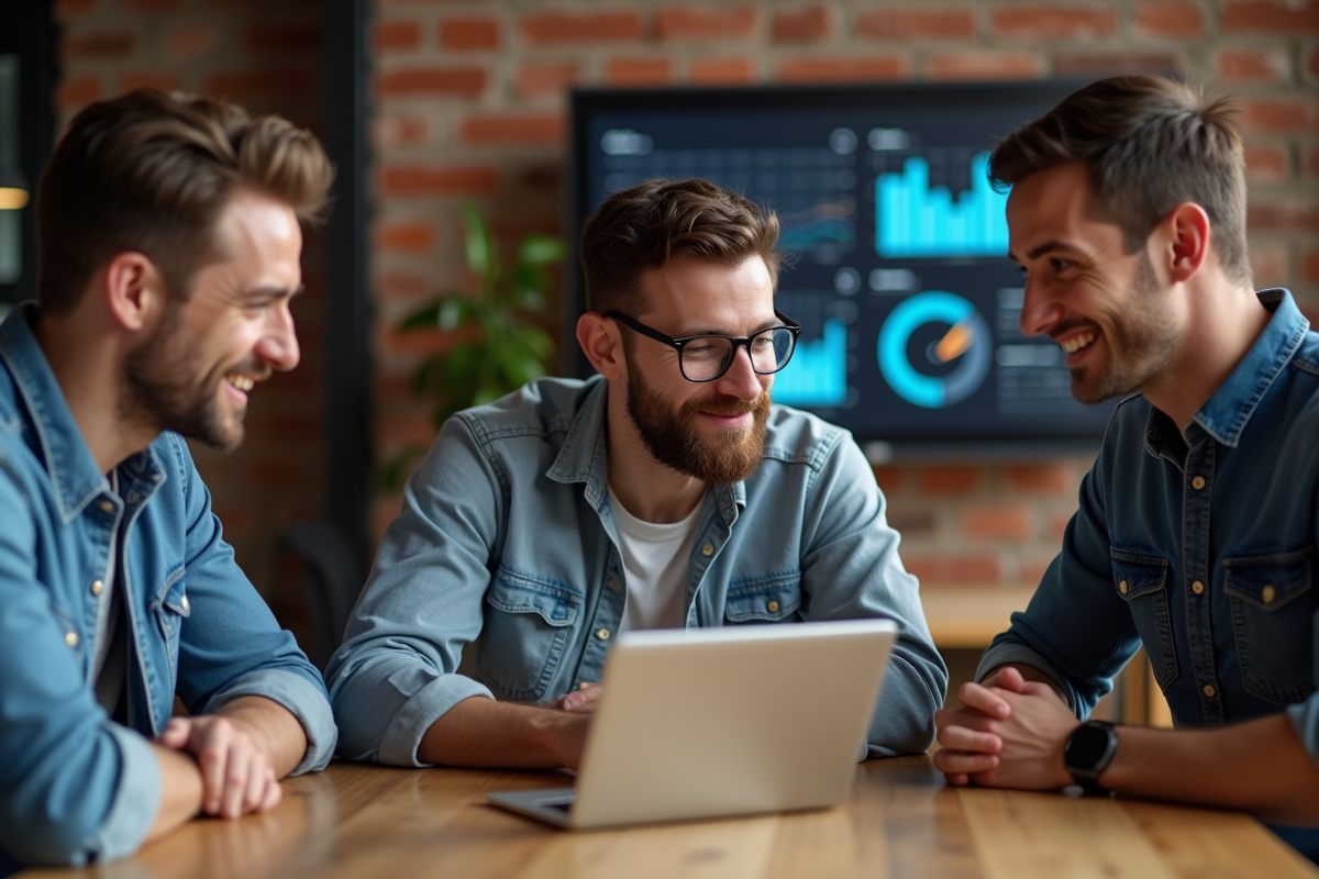 Groupe de trois professionnels discutant d