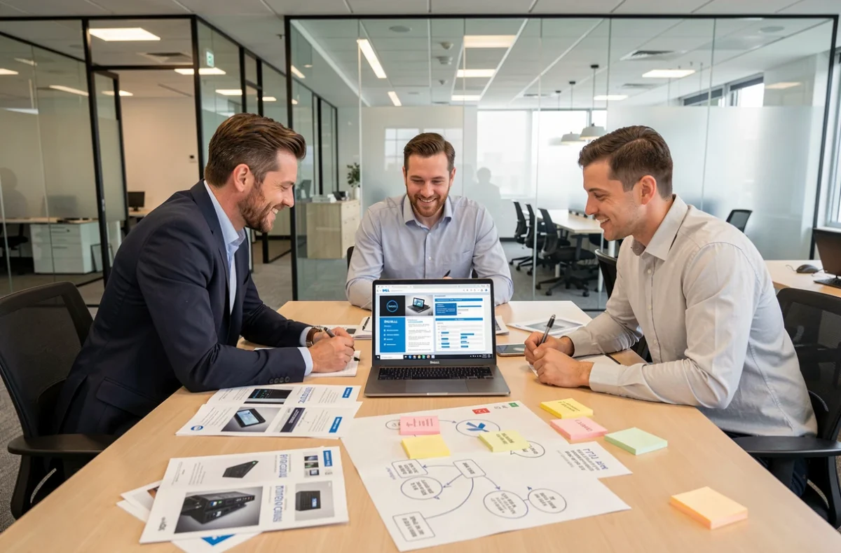 Équipe professionnelle en réunion discutant des solutions entreprise Dell autour d'une table de conférence