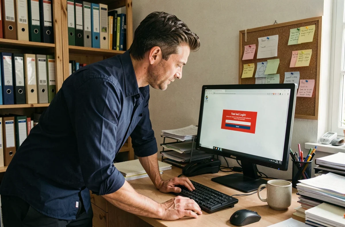 Homme en télétravail confronté à une erreur de connexion sur un écran de bureau à domicile