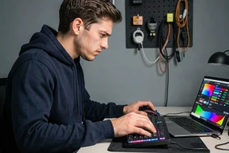 Jeune homme concentré testant sa vitesse de clic sur un ordinateur avec une souris gaming, illustrant les erreurs courantes du Click Kohi