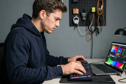 Jeune homme concentré testant sa vitesse de clic sur un ordinateur avec une souris gaming, illustrant les erreurs courantes du Click Kohi