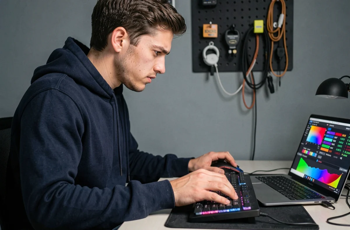 Jeune homme concentré testant sa vitesse de clic sur un ordinateur avec une souris gaming, illustrant les erreurs courantes du Click Kohi