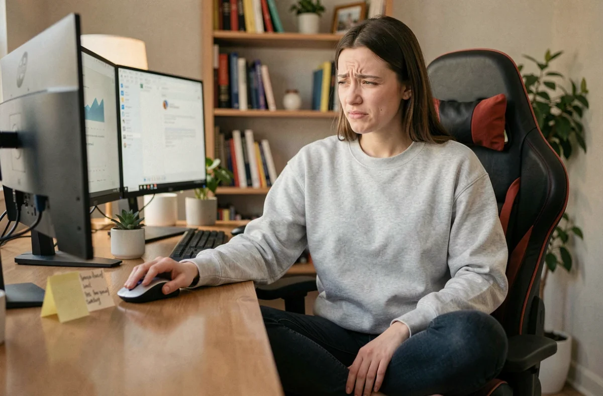 Jeune femme en train de corriger sa technique de clic sur un test Kohi, assise dans un fauteuil gaming devant un double écran