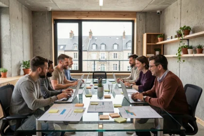 Équipe de professionnels IT dans un open-space moderne en Bretagne, collaborant autour d'une table vitrée avec laptops et schémas, vue sur toits bretons en arrière-plan.