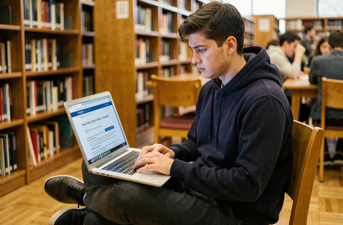 Étudiant en bibliothèque cherchant une solution à un problème de connexion Webmel sur son ordinateur portable