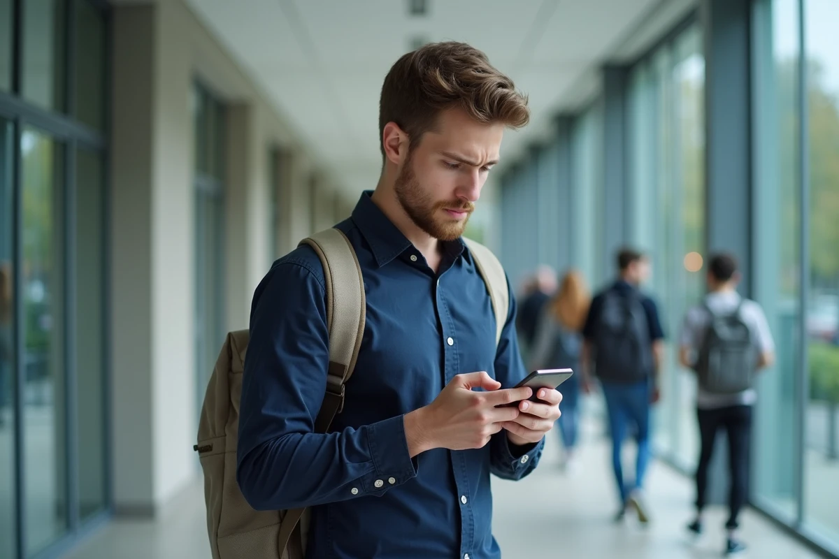 Étudiant consultant ses emails universitaires sur smartphone dans un couloir de campus
