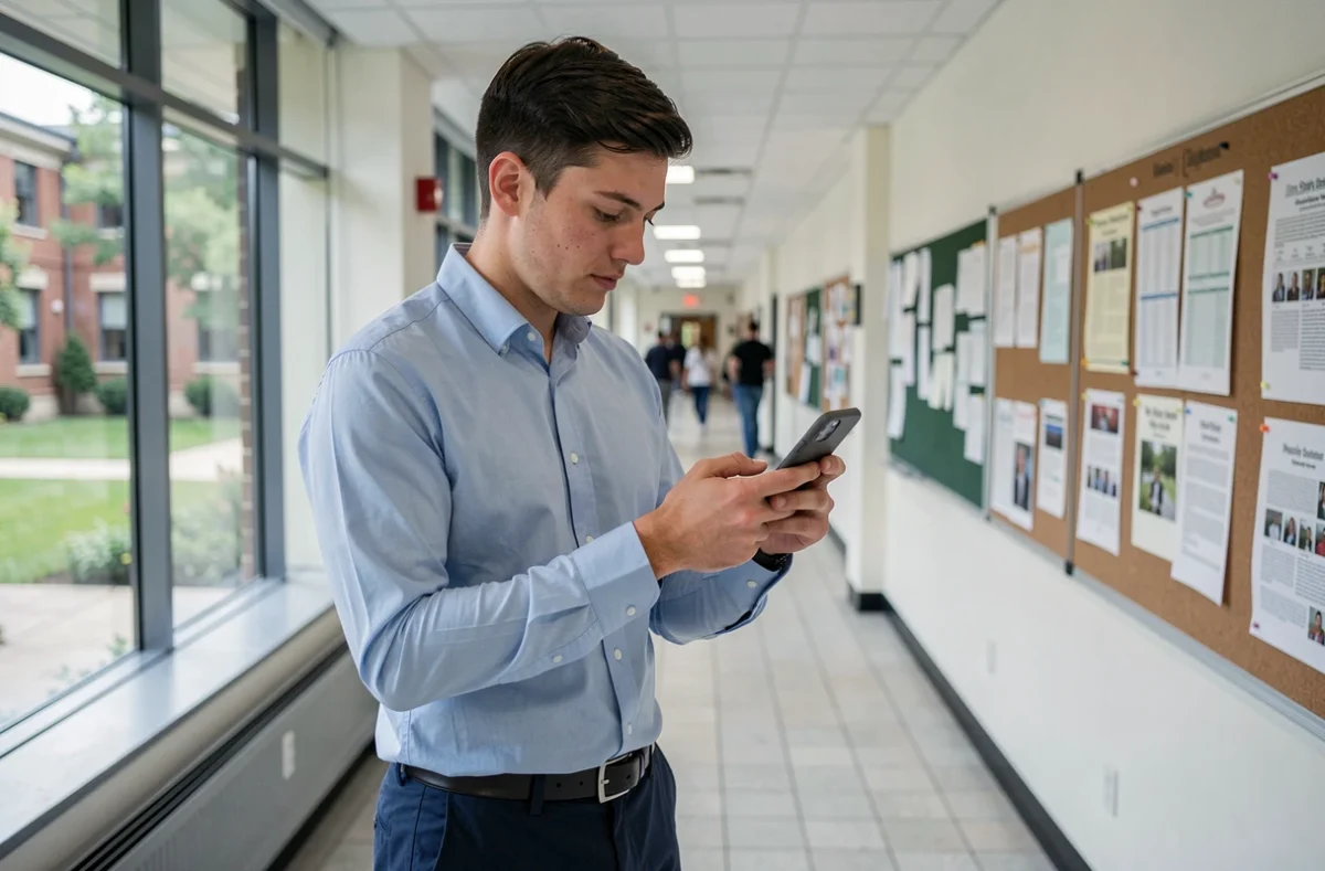 Étudiant consultant son emploi du temps en ligne via eservice UHA sur smartphone dans un couloir universitaire