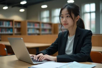 Étudiante alternante organisant son planning sur un portail intranet universitaire dans une bibliothèque moderne