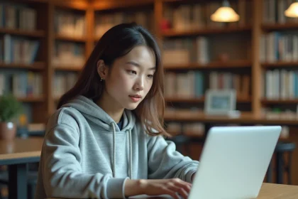 Étudiante utilisant ChatGPT sur son ordinateur portable dans une bibliothèque universitaire moderne