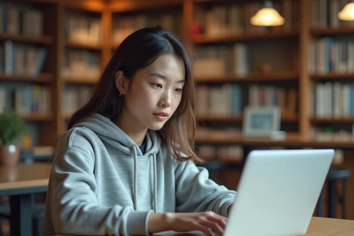 Étudiante utilisant ChatGPT sur son ordinateur portable dans une bibliothèque universitaire moderne