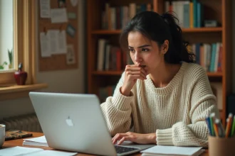 Étudiante utilisant un compteur de mots gratuit sur son ordinateur portable dans une chambre universitaire