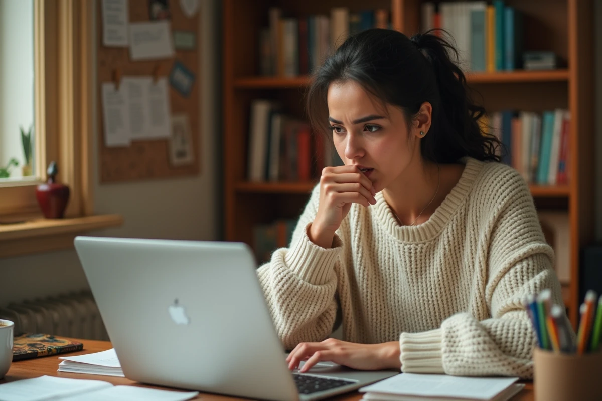 Étudiante utilisant un compteur de mots gratuit sur son ordinateur portable dans une chambre universitaire