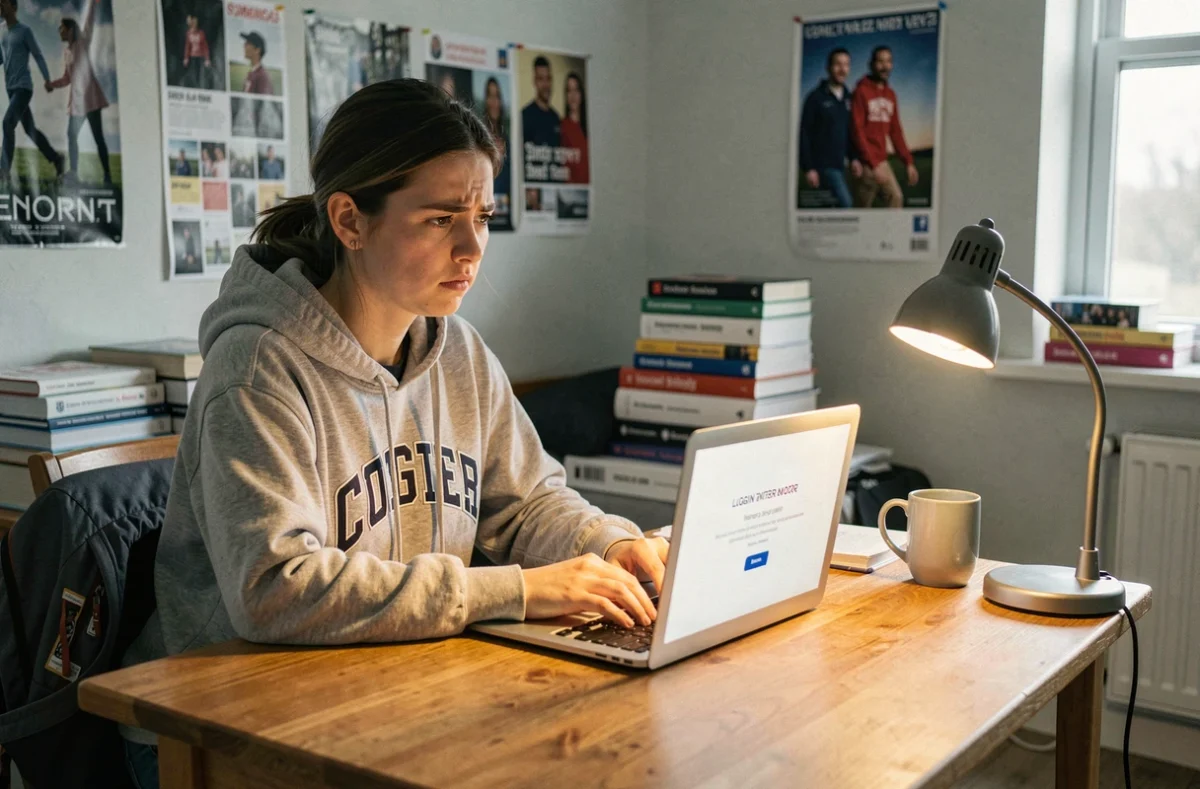 Étudiante frustrée face à une erreur de connexion sur le portail Convergence AC Grenoble depuis son bureau en résidence universitaire