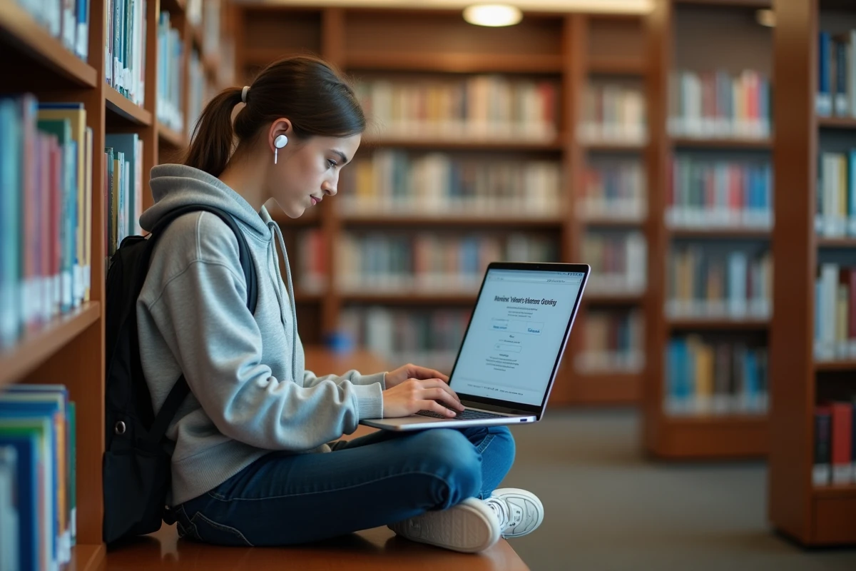 Jeune étudiante utilisant un outil de comptage de mots en ligne dans une bibliothèque universitaire