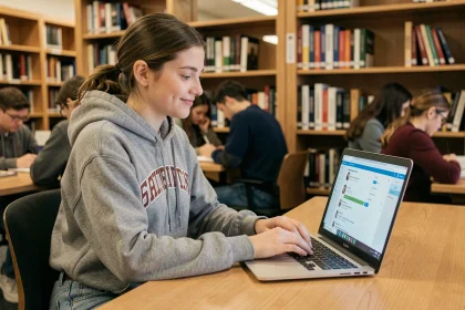 Étudiante utilisant le portail eservice UHA sur son ordinateur portable dans une bibliothèque universitaire moderne