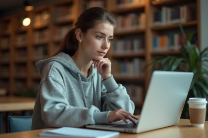 Étudiante consultant sa messagerie universitaire Zimbra sur ordinateur portable en bibliothèque