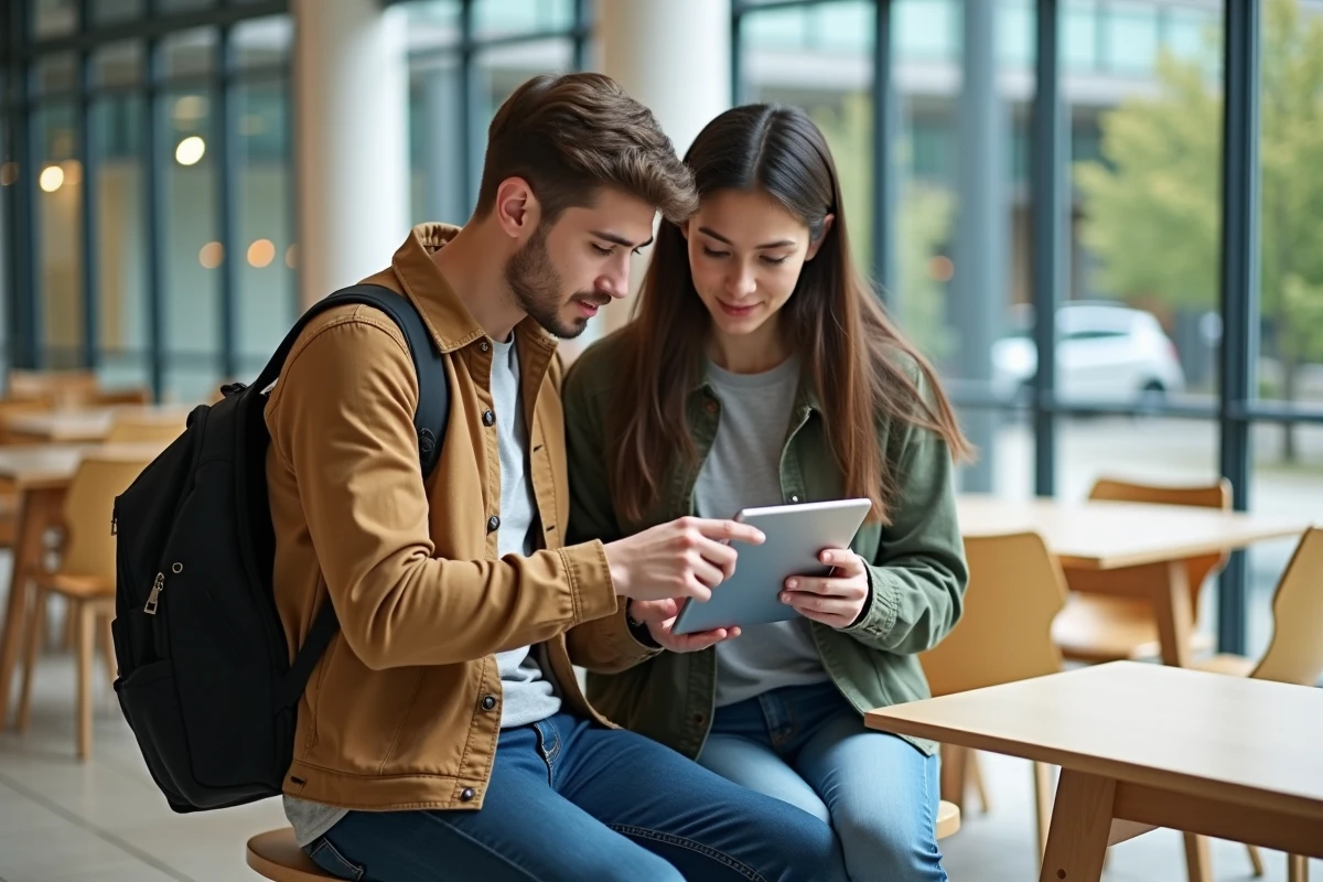Deux étudiants alternants consultant ensemble leur emploi du temps sur l'intranet LEO dans un espace commun universitaire