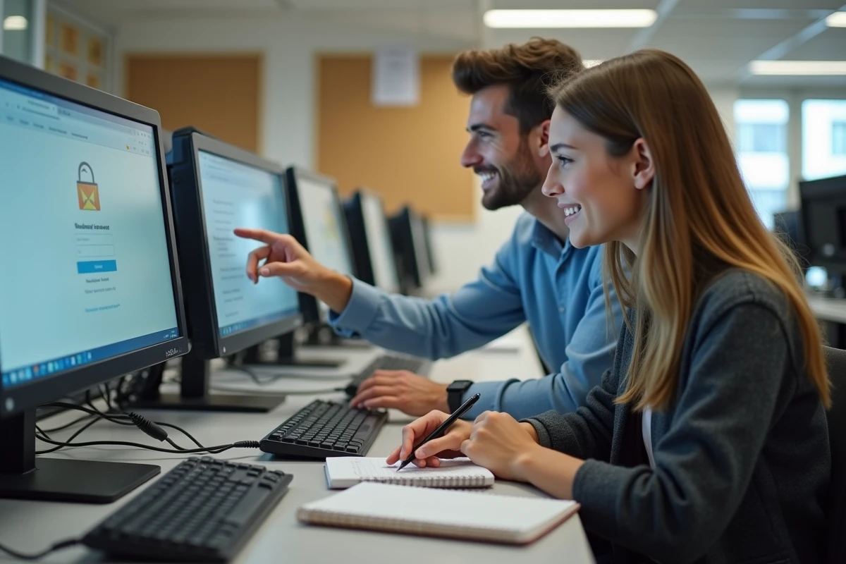 Deux étudiants configurant ensemble un webmail universitaire Zimbra en salle informatique