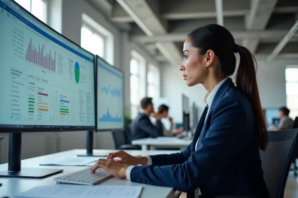 Experte SEO analysant des données de référencement et des graphiques de classement sur un écran d'ordinateur dans un bureau moderne en 2026
