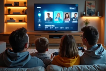 Famille réunie dans le salon partageant un compte Games Prime sur télévision connectée avec plusieurs profils utilisateurs