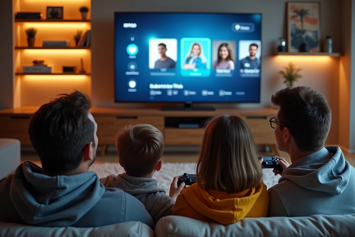 Famille réunie dans le salon partageant un compte Games Prime sur télévision connectée avec plusieurs profils utilisateurs