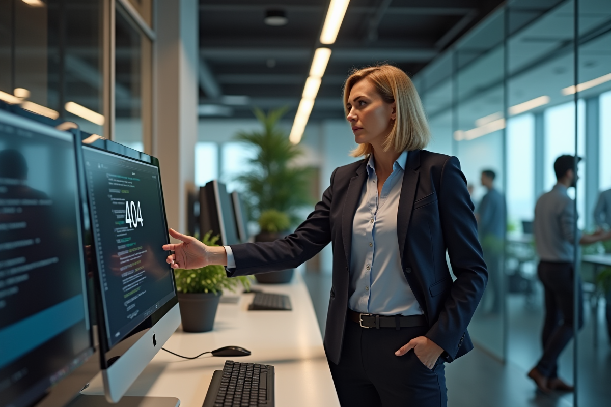 Femme d affaires pointant un message 404 sur un grand écran