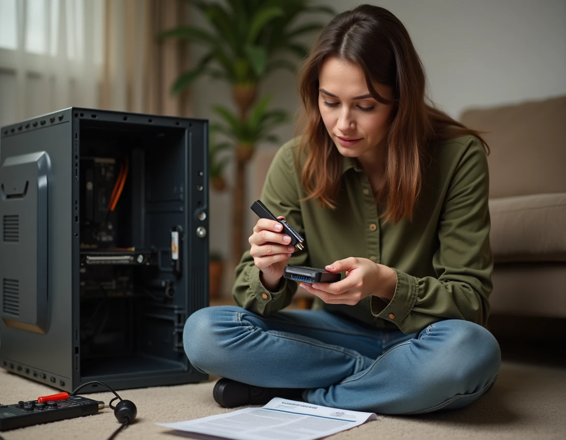 Femme examinant un adaptateur USB pour r&eacute;soudre un probl&egrave;me de clavier non reconnu au d&eacute;marrage du BIOS AORUS