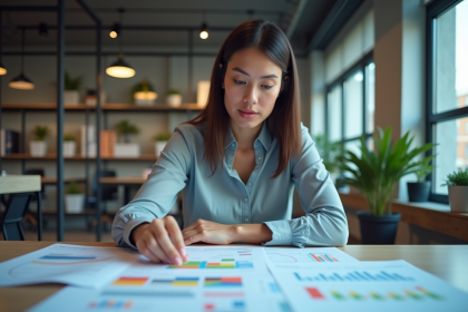Femme professionnelle analysant des graphiques dans un bureau moderne