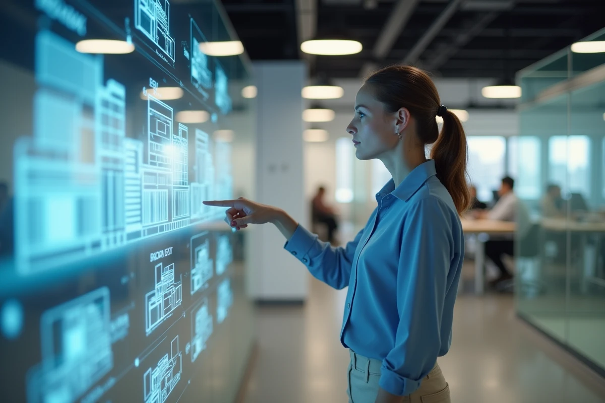 Femme en réalité augmentée dans un bureau high-tech