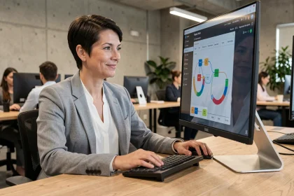 Femme professionnelle consultant un tableau de bord d'automatisation des tâches dans un open space moderne
