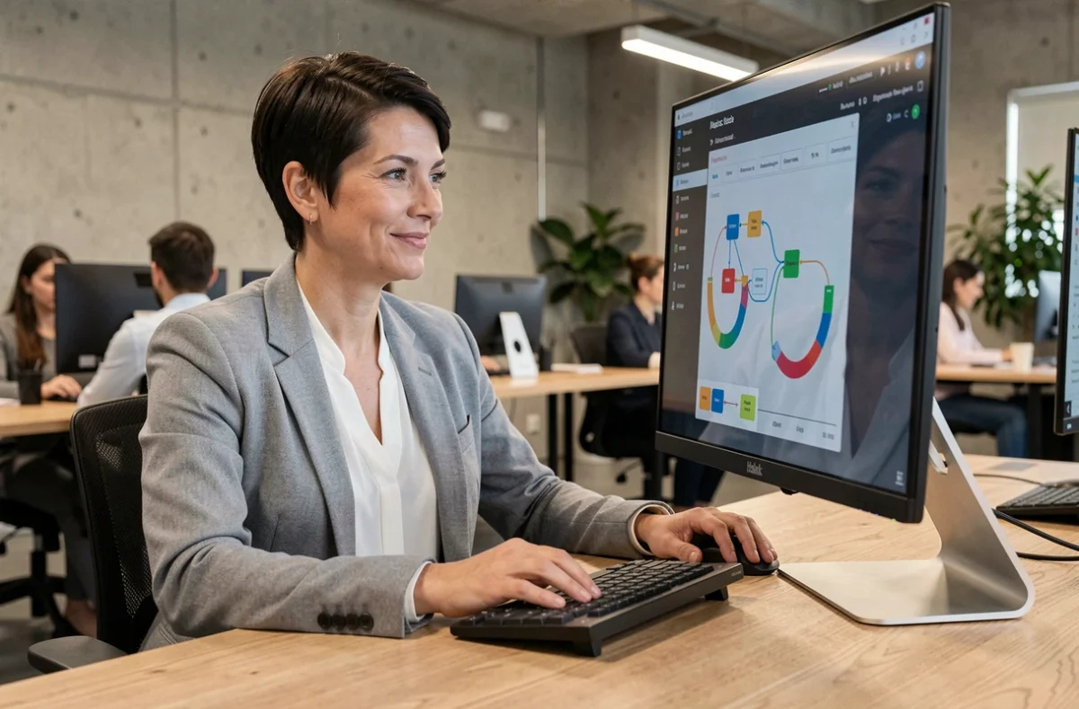 Femme professionnelle consultant un tableau de bord d'automatisation des tâches dans un open space moderne