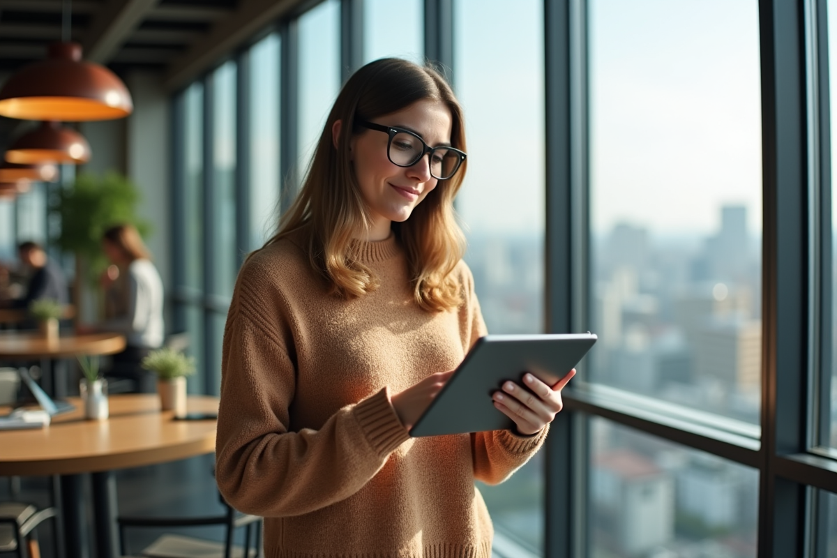 Femme avec tablette regardant la ville depuis une fenêtre lumineuse