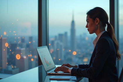 Femme d'affaires analysant des données blockchain sur un laptop