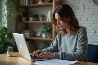 Femme frustrée devant une boîte mail envahie de newsletters promotionnelles sur un ordinateur portable