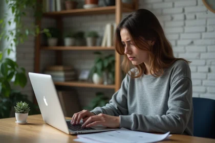 Femme frustrée devant une boîte mail envahie de newsletters promotionnelles sur un ordinateur portable