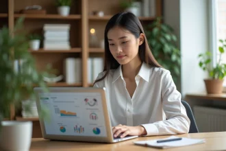 Jeune femme au bureau analysant des statistiques web