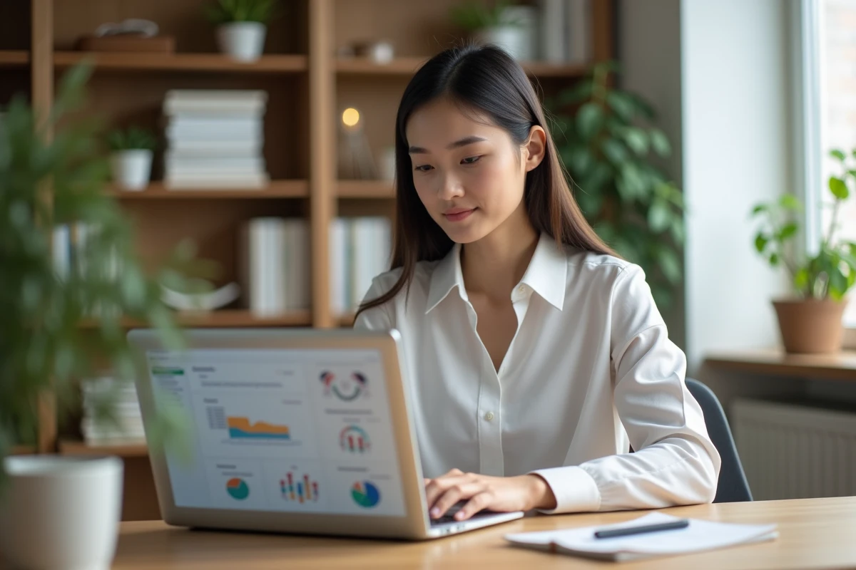 Jeune femme au bureau analysant des statistiques web