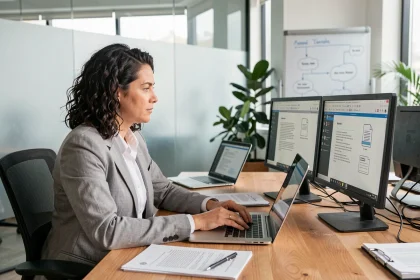 Femme professionnelle comparant des fichiers ODT et DOCX sur deux écrans dans un bureau collaboratif moderne
