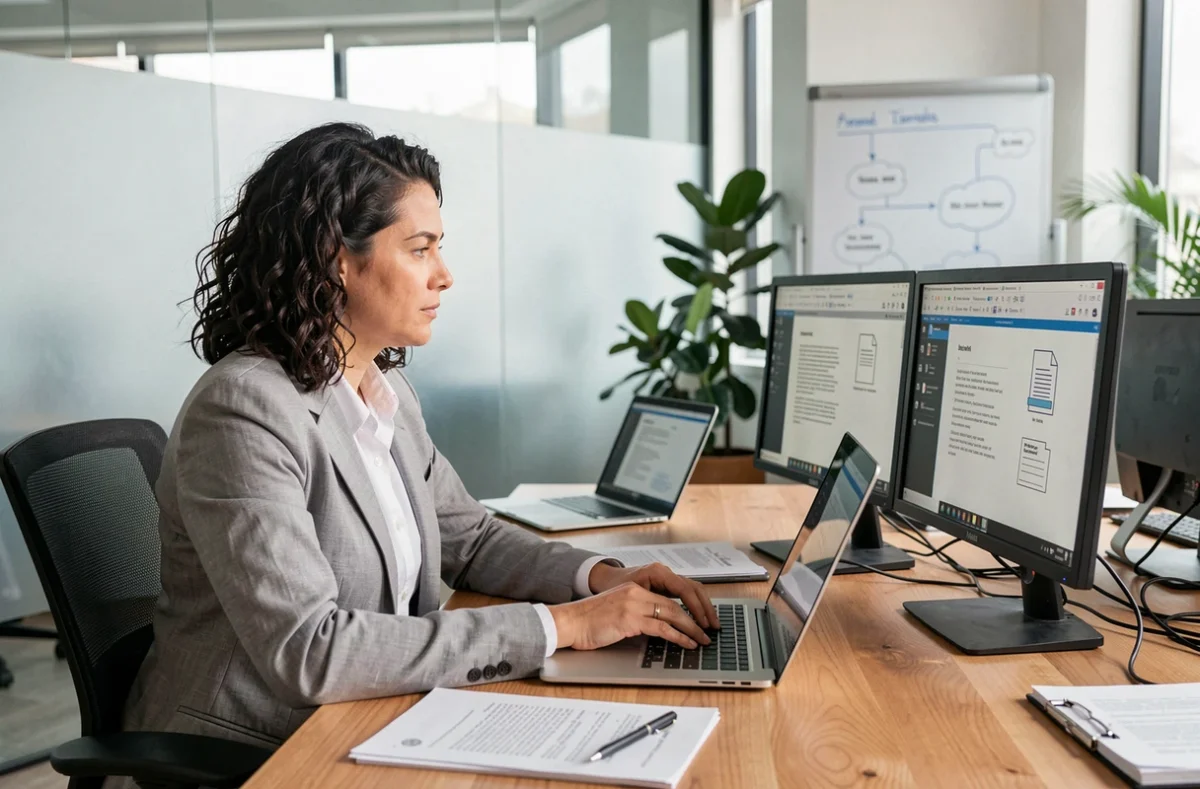 Femme professionnelle comparant des fichiers ODT et DOCX sur deux écrans dans un bureau collaboratif moderne