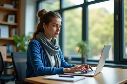 Femme &eacute;tudiante travaillant sur son ordinateur dans un bureau lumineux