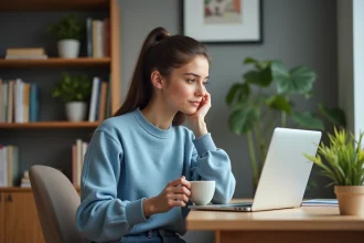 Jeune femme au bureau à domicile en sweater bleu